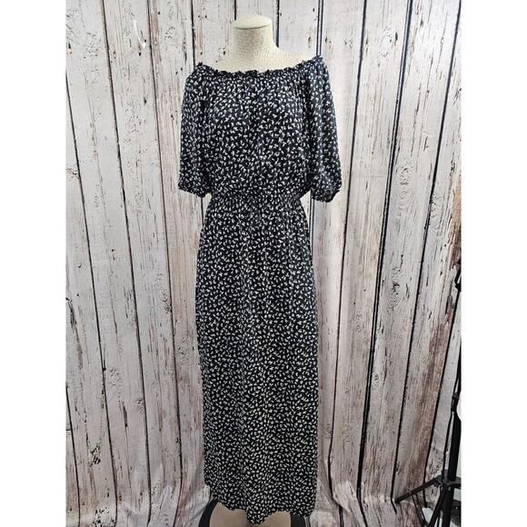 PLK Women's 6 Auguste Off Shoulder Tie Waist Hi Slit Black Rayon Maxi Dress EUC‎ - Picture 2 of 9